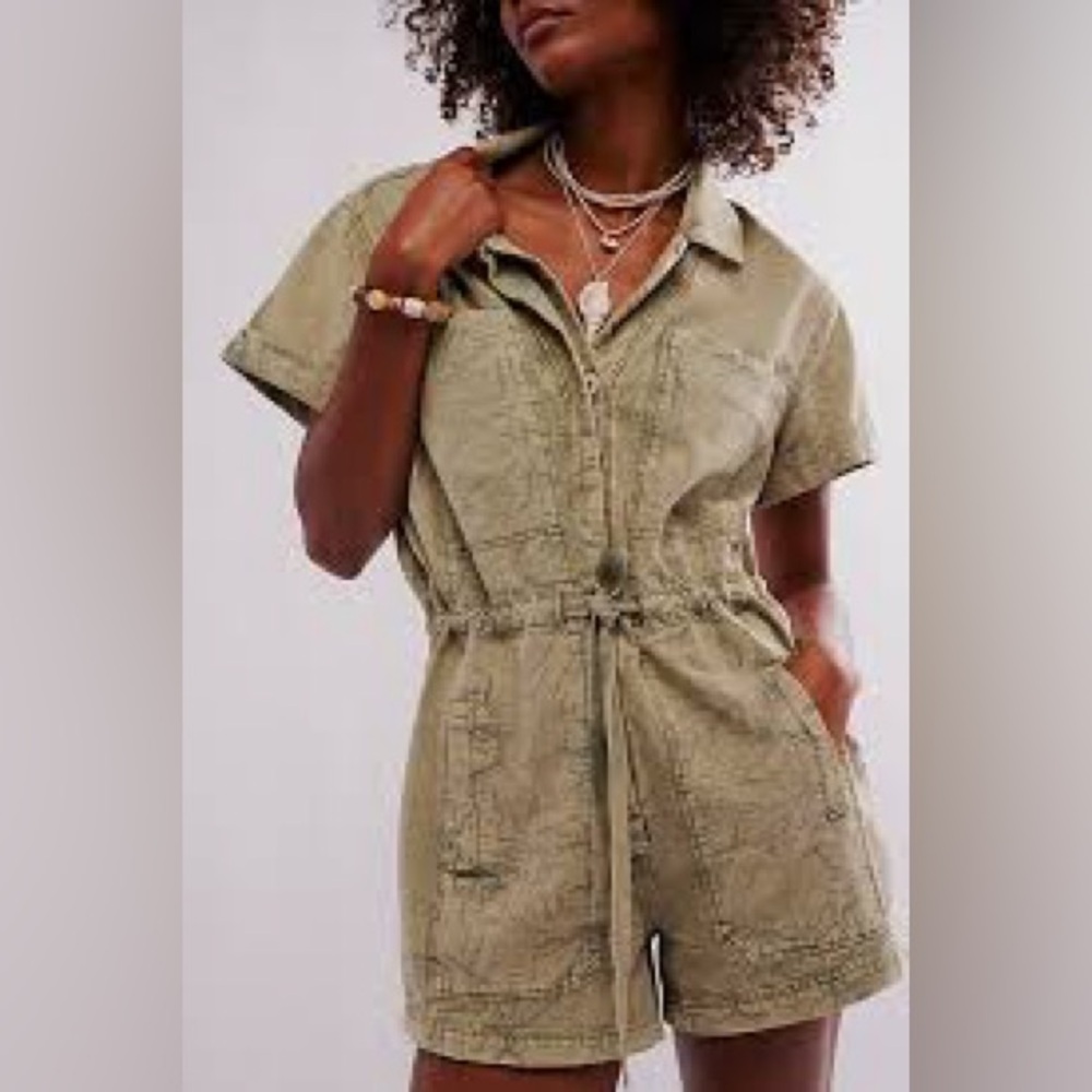FREE PEOPLE  Denim Romper Jumpsuit - Moss Stone